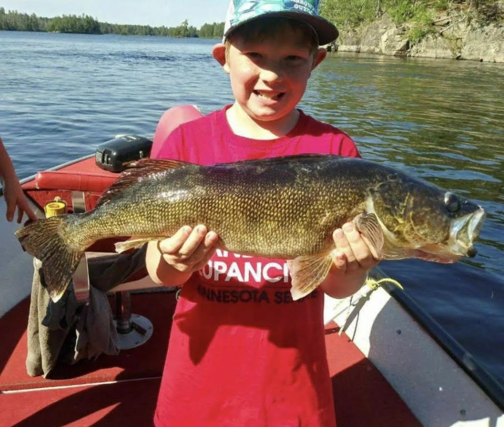 Ely MN BWCA walleye catch in Arrowhead Outdoors fishing report June 6 2023 – young angler holding golden walleye on boat in Northwoods lake