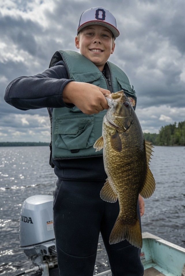 Young angler Finn with smallmouth bass caught on Birch Lake using leeches and a jig near Ely MN. Arrowhead Outdoors report.