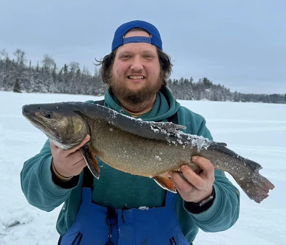 Angler holds a massive Splake they caught while fishing one of Ely, Minnesota's many stream trout lakes near the BWCA.