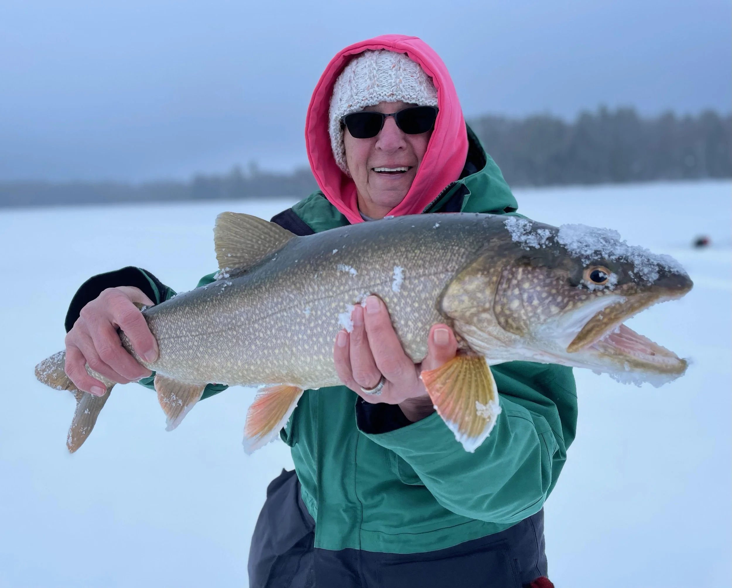 Angler holds lake trout caught on Laker Tackle tube on snowy ice in Ely MN, BWCA area, January 30 2024. Arrowhead Outdoors Ely MN winter fishing report with ice house rentals, premium tackle, hunting gear & camping supplies.