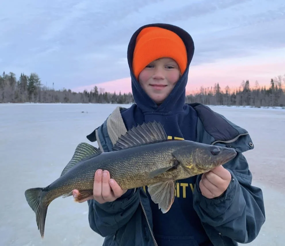 Young angler holds walleye caught jigging rainbow minnow on early ice at sunset in Ely MN BWCA. Family fun winter fishing report from Arrowhead Outdoors.