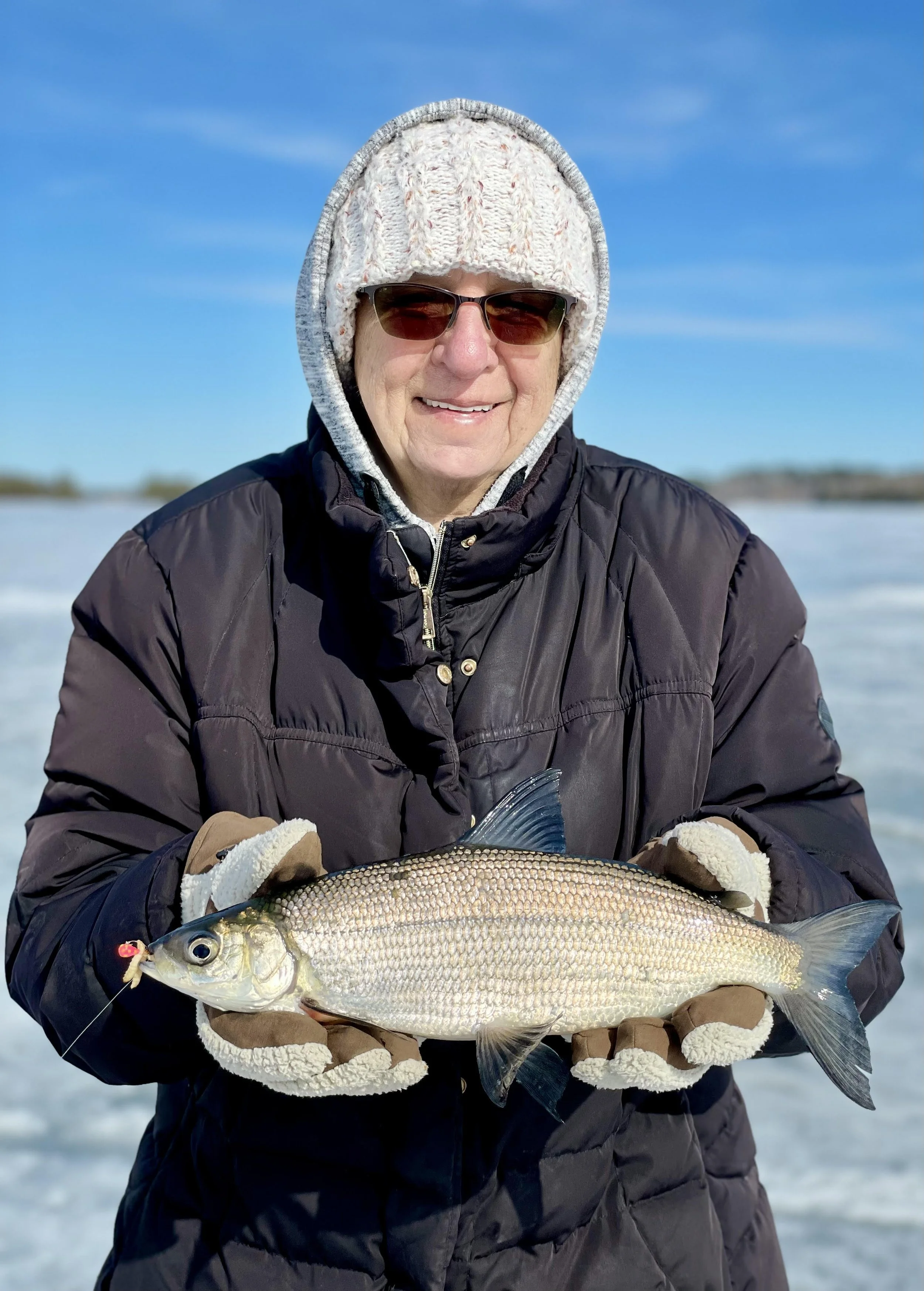 Woman holds tullibee caught March 31 2026 on late ice in Ely MN BWCA. Tungsten jig and wax worm success from Arrowhead Outdoors.