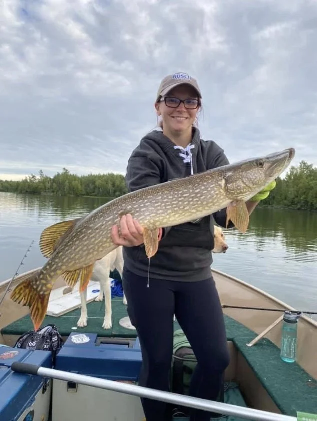 BWCA trophy northern pike Sept 8 2020 Ely MN - Woman angler big pike hold Arrowhead Outdoors report