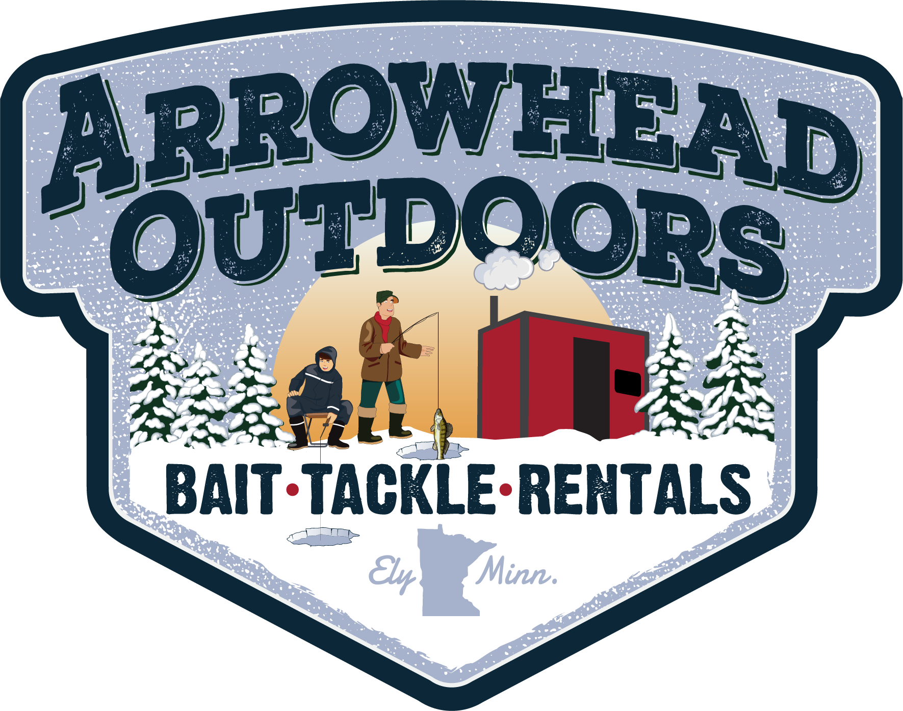 Arrowhead Outdoors logo featuring two people fishing in winter scene with snow-covered trees, a red cabin, and text stating 'Bait Tackle Rentals Ely Minn.'