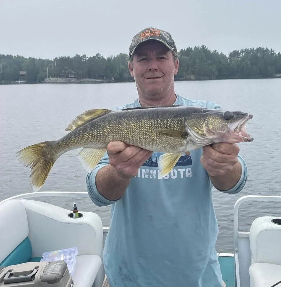 Ely MN BWCA walleye catch in Arrowhead Outdoors fishing report August 1 2023 – angler holding golden walleye on boat calm lake