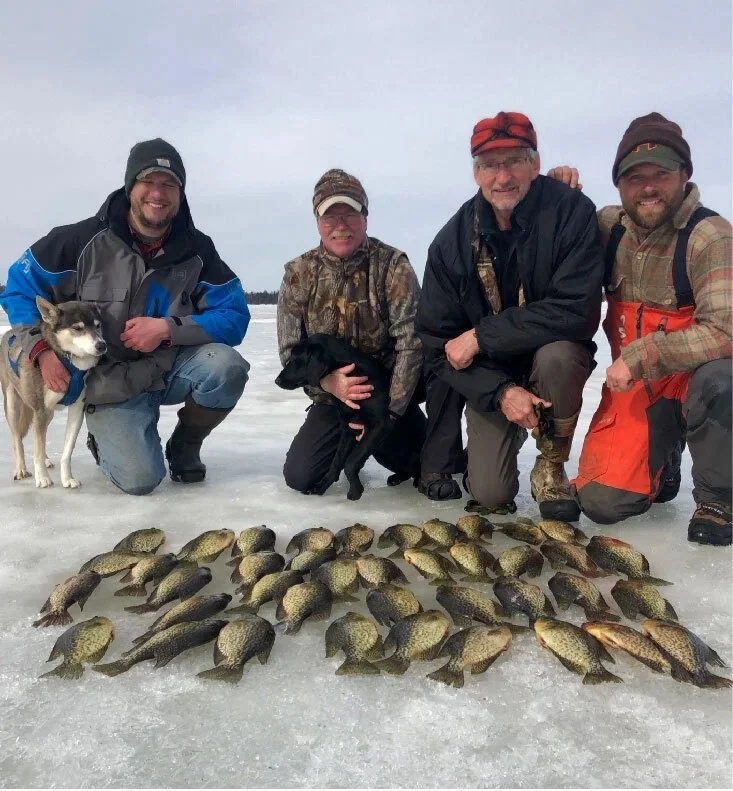 Group of anglers with dogs and full limit of slab crappies on ice March 19, 2025 in Ely MN BWCA. Late winter report from Arrowhead Outdoors.