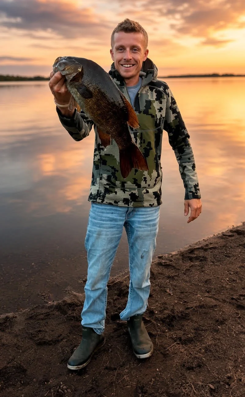 Nice smallmouth bass caught on Ely area lake near BWCA at sunset. Arrowhead Outdoors fishing report.
