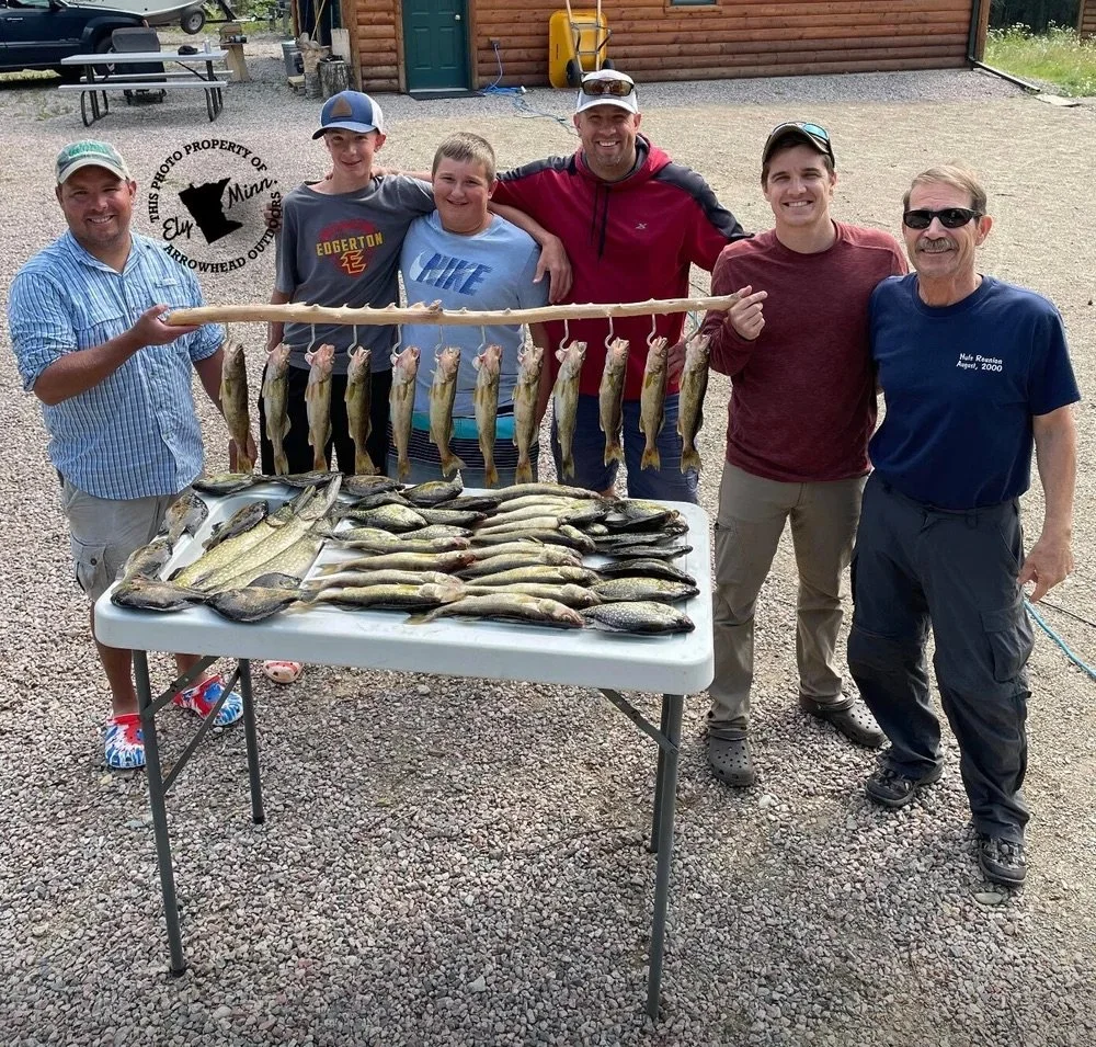 Ely MN BWCA walleye open water group catch Aug 3 2021, crew with big limit on stringer and table at camp, Arrowhead Outdoors report