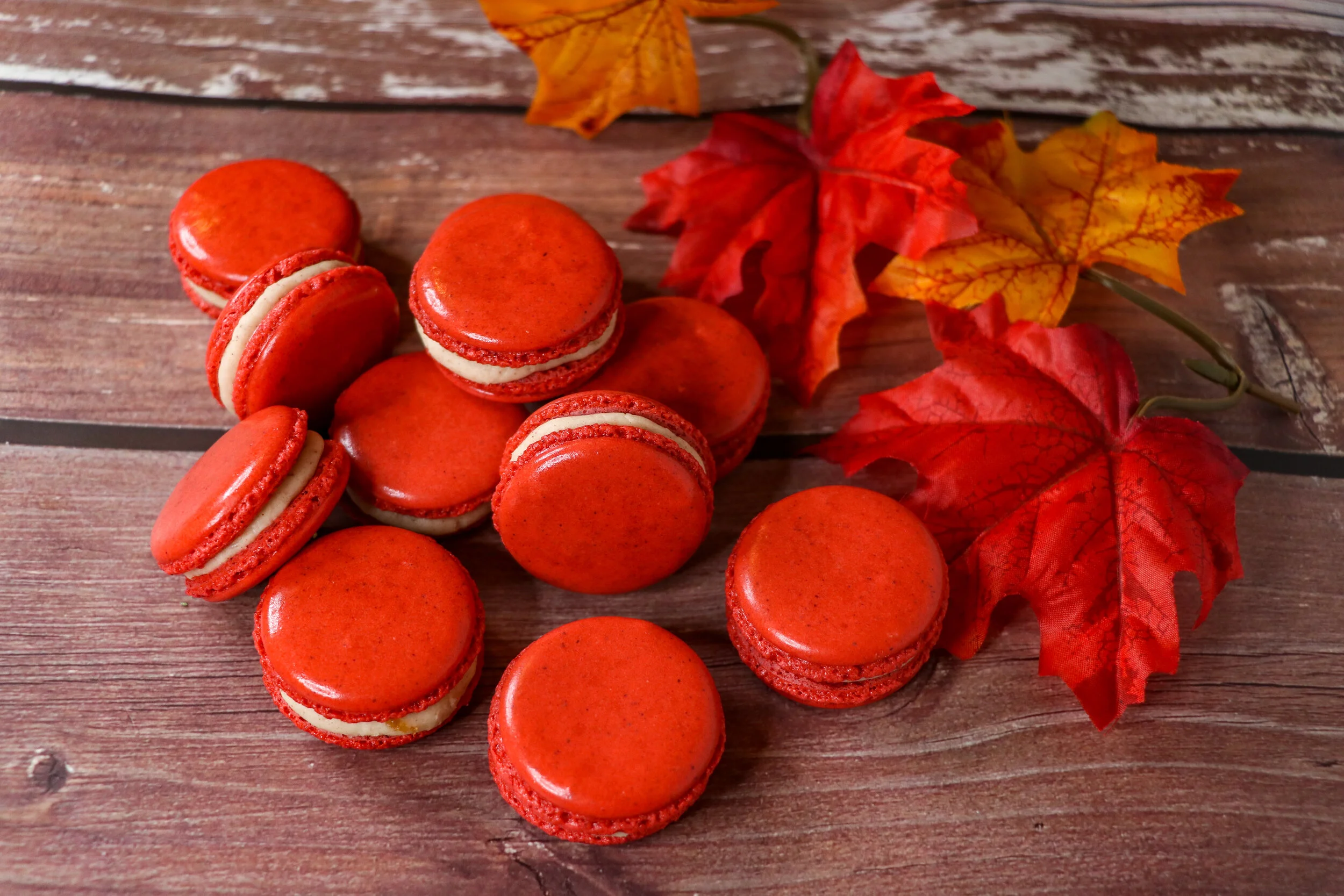 Bourbon pecan pie macaron - maple shell, bourbon spice buttercream, pecan pie filling
