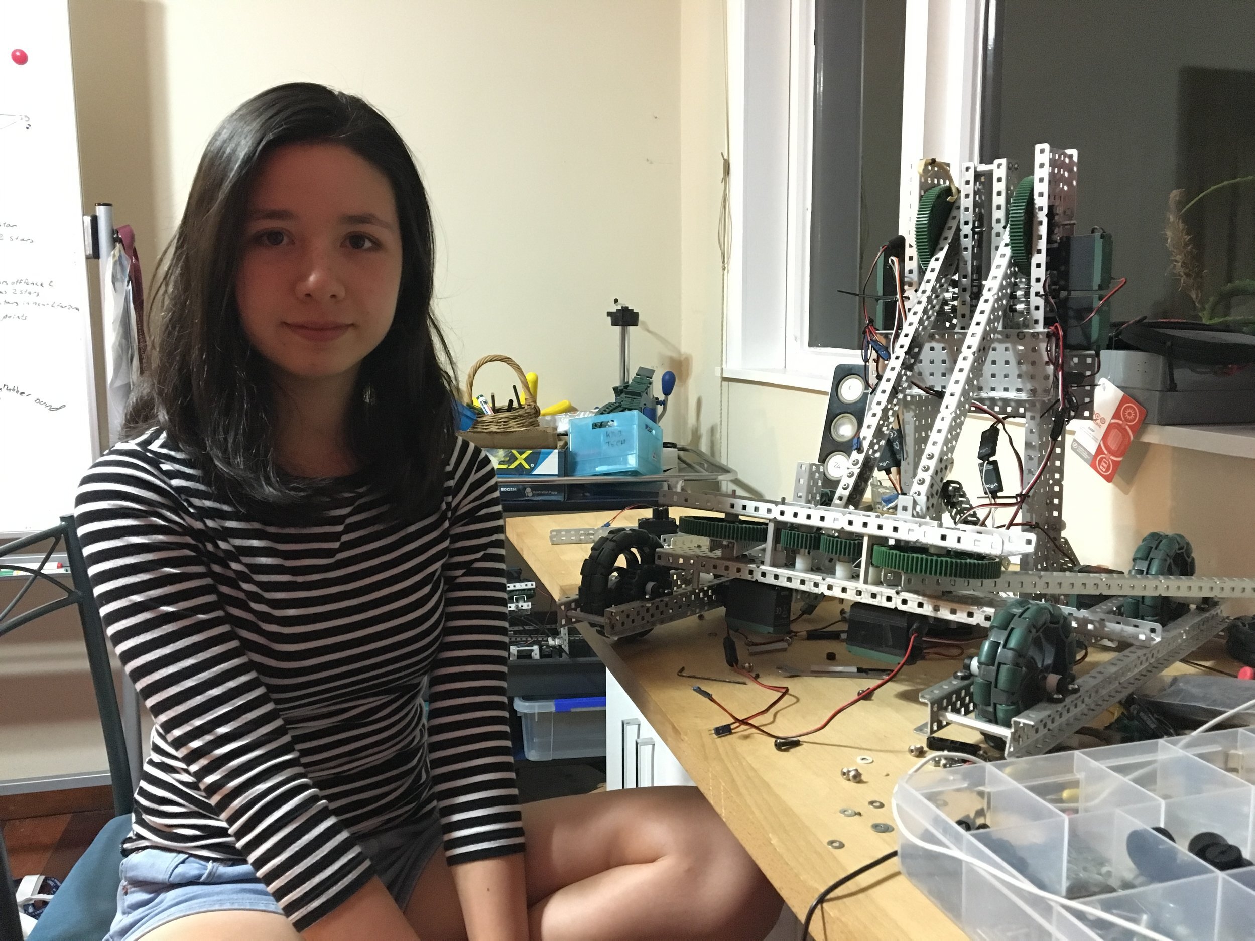 Mikayla with one of her robots. She recently won the&nbsp; ASB Bright Sparks Challenge for her "Internet of Things" particulate pollution sensor .
