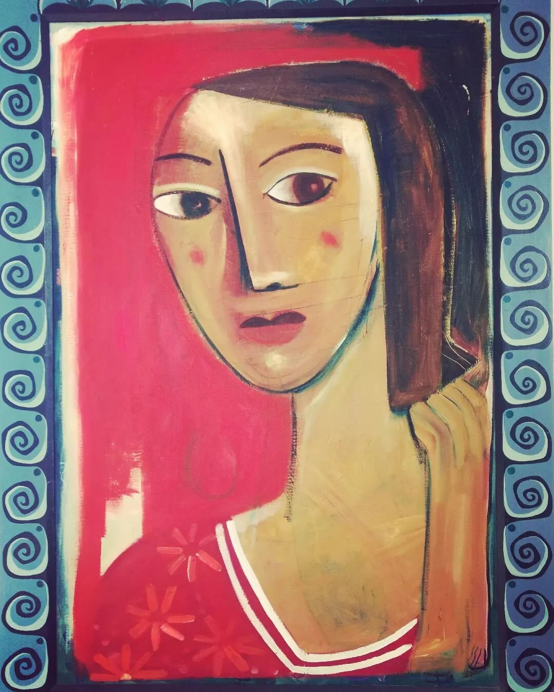 &quot;Girl at Door&quot;
Oil on canvas, with Renee Ledesma frame 30x41
$1000
Renee Ledesma and i collaborated for many years, in art and music.  She painted the frames with beautiful colors and designs.  We made a lot of work, and its amazing to me t