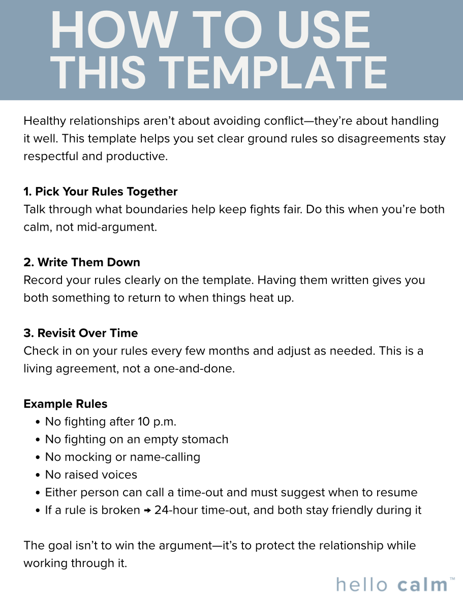 A guide titled 'How to Use This Template' with instructions on managing healthy relationships by setting ground rules, writing them down, revisiting them regularly, and example rules like no fighting after 10 p.m., no arguing on empty stomach, and no mocking or name-calling.