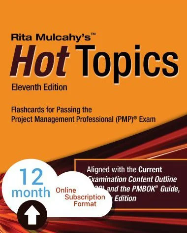 Cover of Rita Mulcahy's Hot Topics, Eleventh Edition, a flashcard book for passing the Project Management Professional (PMP) exam, with an orange background and a white cloud icon indicating a 12-month online subscription.