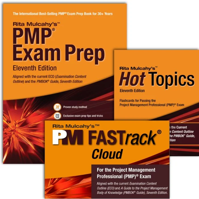 Three PMP exam prep books by Rita Mulcahy, titled "PMP Exam Prep," "Hot Topics," and "PM FASTrack Cloud," with an orange, black, and red design.