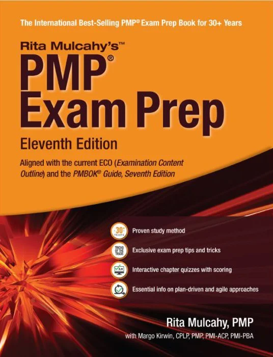 Book titled 'PMP Exam Prep Eleventh Edition' by Rita Mulcahy, with a cover that features orange and black colors, and icons representing study methods and exam tips.