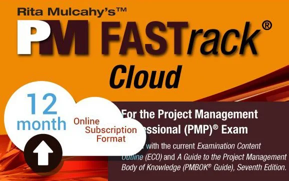 Book cover titled "PM FASTrack Cloud" by Rita Mulcahy, with a 12-month online subscription for project management professional exam preparation.