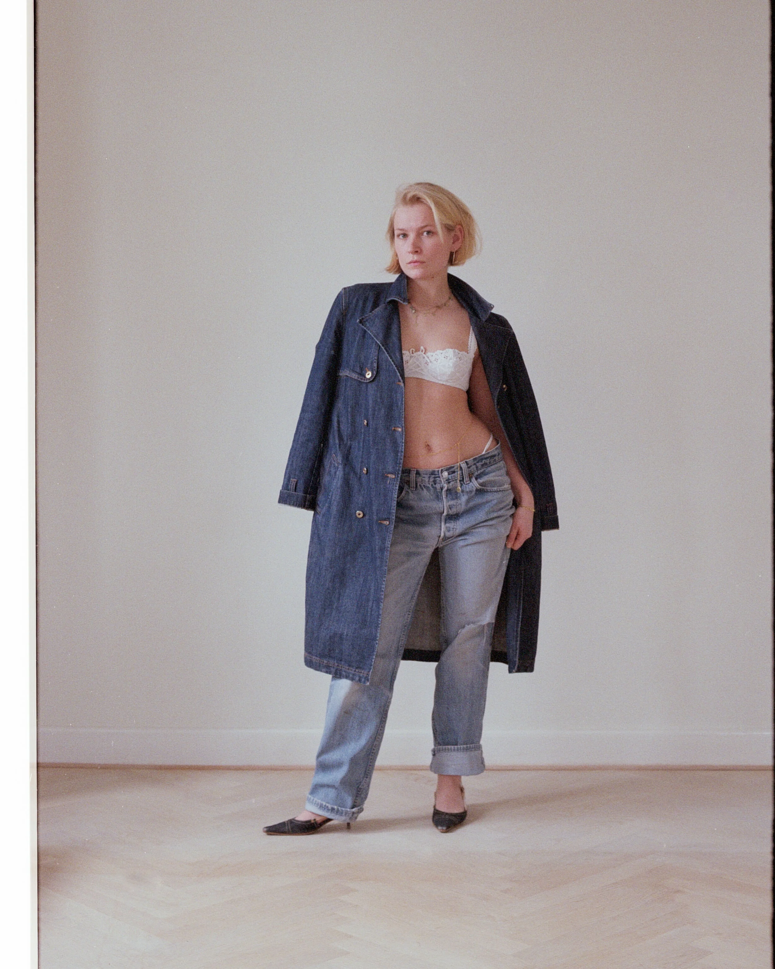 Dolce &amp; Gabbana coat, Levi jeans, Miu Miu Shoes, La Perla underwear &amp; homemade bodychain