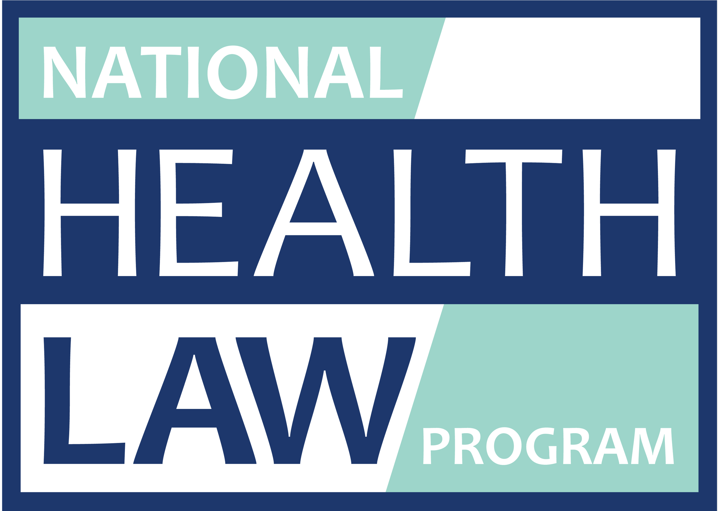 National Health Law Program logo with navy, white, and aqua backgrounds and navy and white text.