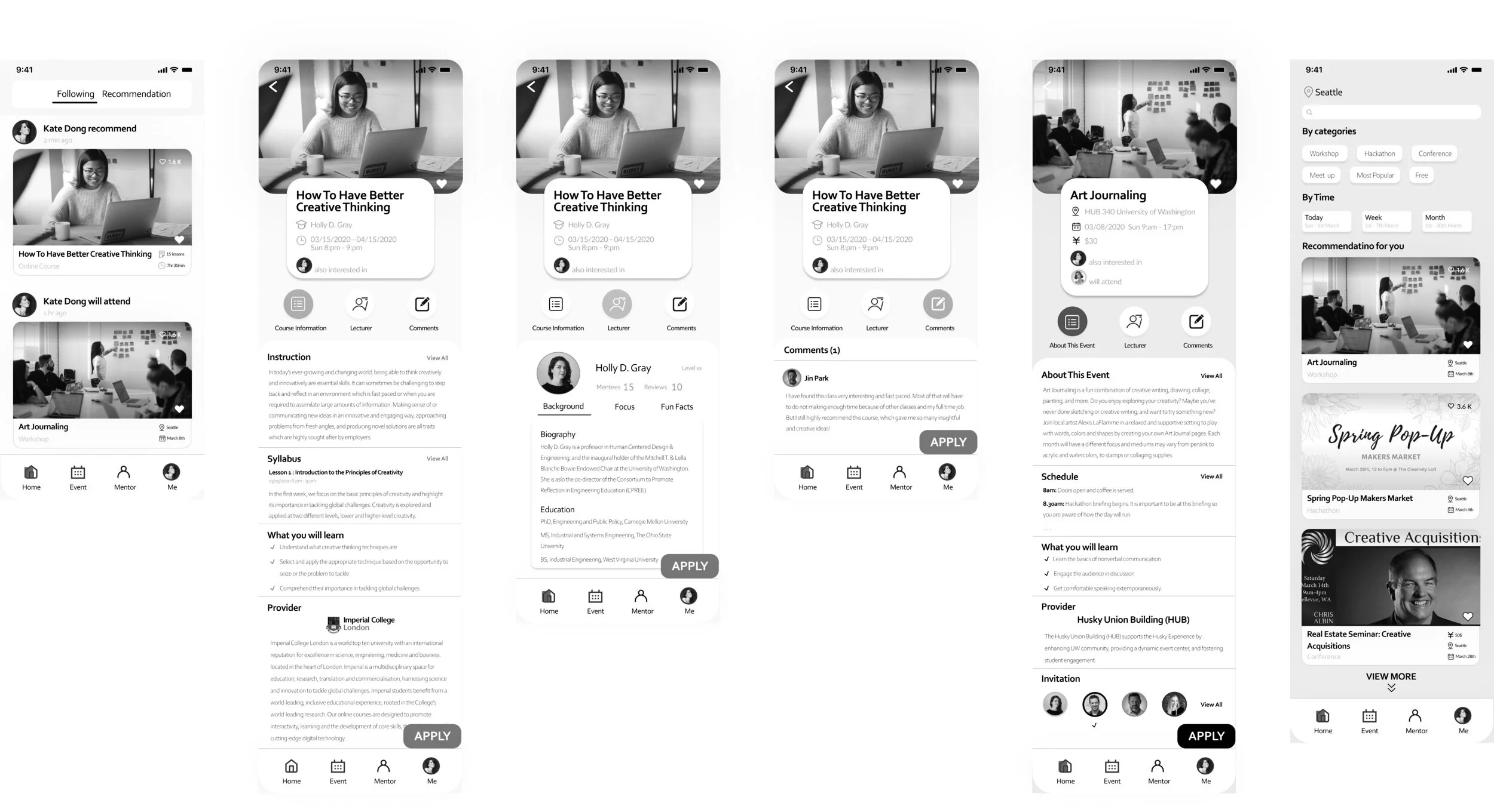 Home Pages and Event Search Page