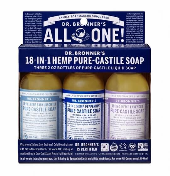 Dr. Bronner’s Castile Soap, travel sized with reusable, refillable, handy little bottles that I carry everywhere I go and set up and refill beside every sink in the house. Seriously the best and most effective soap I’ve used for years. People in public bathrooms are often curious when I bring out the safer soap, but I find it far more important than someone’s misguided judgements.