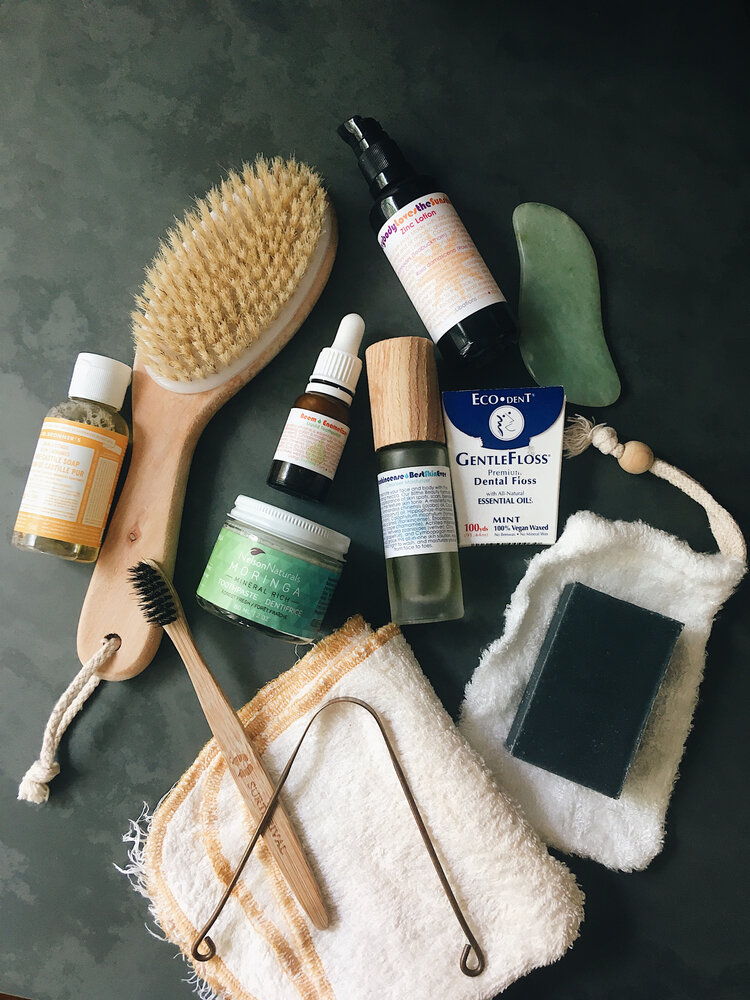 All of my personal care for home AND on the go with reused bottles for my Dr. Bronner’s all-purpose castile soap. #lowtox and #zerowaste goals? No need for deodorant either, as my diet apparently hasn’t caused me to release foul odours for a number of years (and if it ever begins to, please let me know and I’d check out Primally Pure or make my own, or even more effectively, address my whole body health)!
