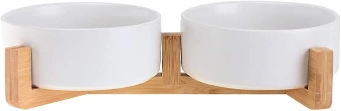White Ceramic Cat Dog Bowl Dish with Wood