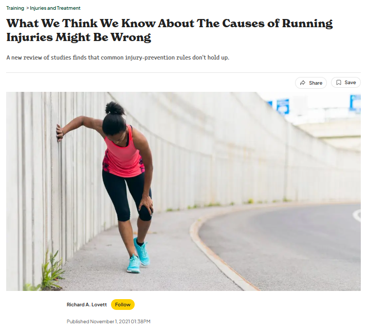 Article header with a close-up image of a person holding their leg, and the title 'What We Think We Know About What Causes Running Injuries Might Be Wrong', dated October 25, 2021, by Richard A. Lovett.