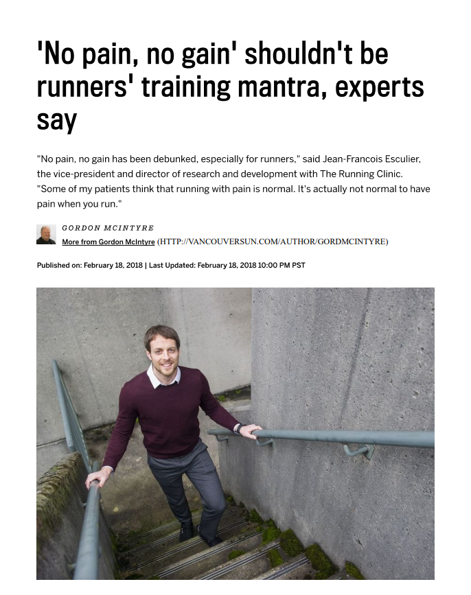 A screenshot of an article titled "'No Pain, no gain' shouldn't be runners; training mantra, experts say" written by Gordon McIntyre for The Vancouver Sun, featuring black and white text.