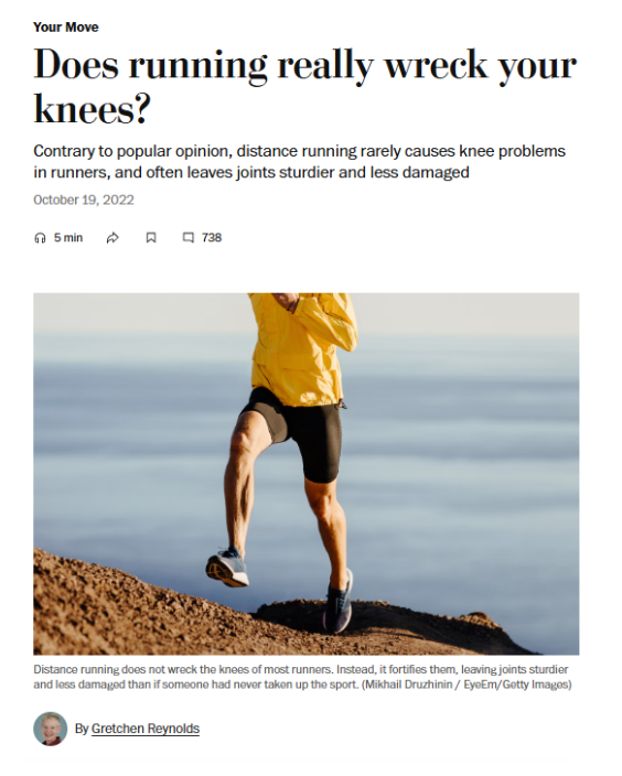 A person receiving in a yellow jacket trail running, with title "Does running really wreck your knees?"