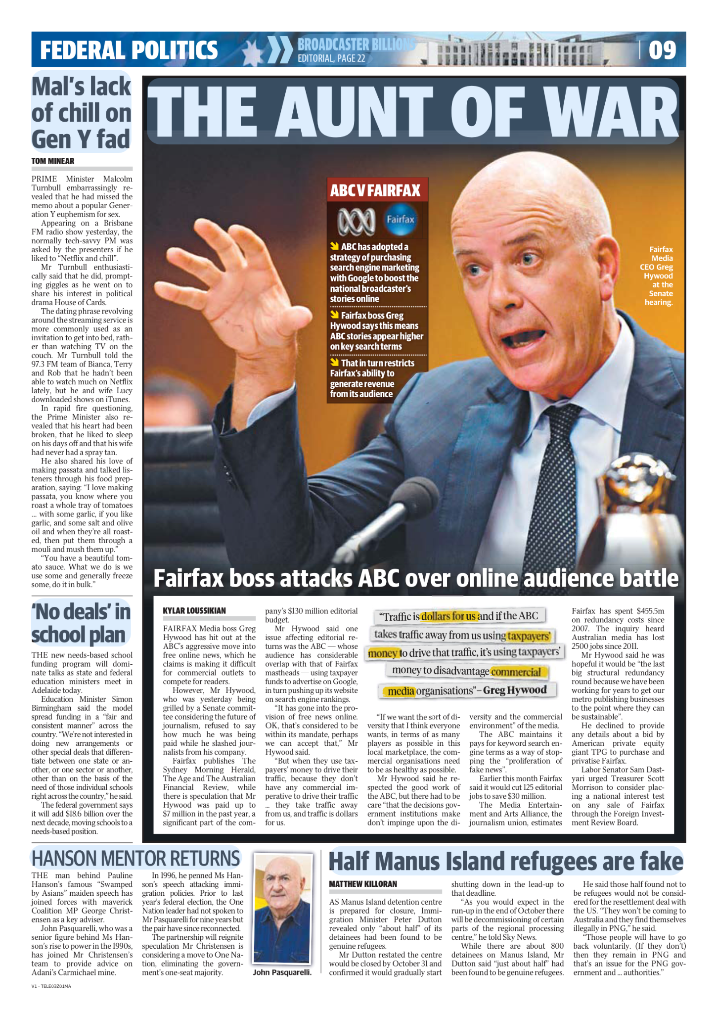 Newspaper front page with a large headline titled 'The Aunt of War' featuring a photo of a man in a blue suit and polka dot tie. The article discusses Fairfax boss Greg Hywood criticizing ABC's online audience strategies, with bullet points about ABC