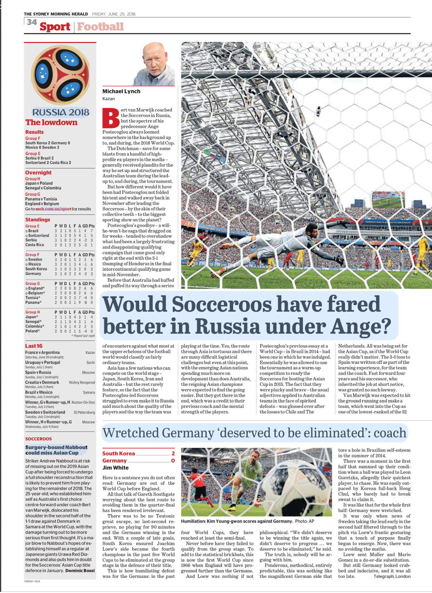 Newspaper sports page featuring a story about the 2018 World Cup, with an image of a soccer match showing a goal attempt, players in action, and a large stadium.