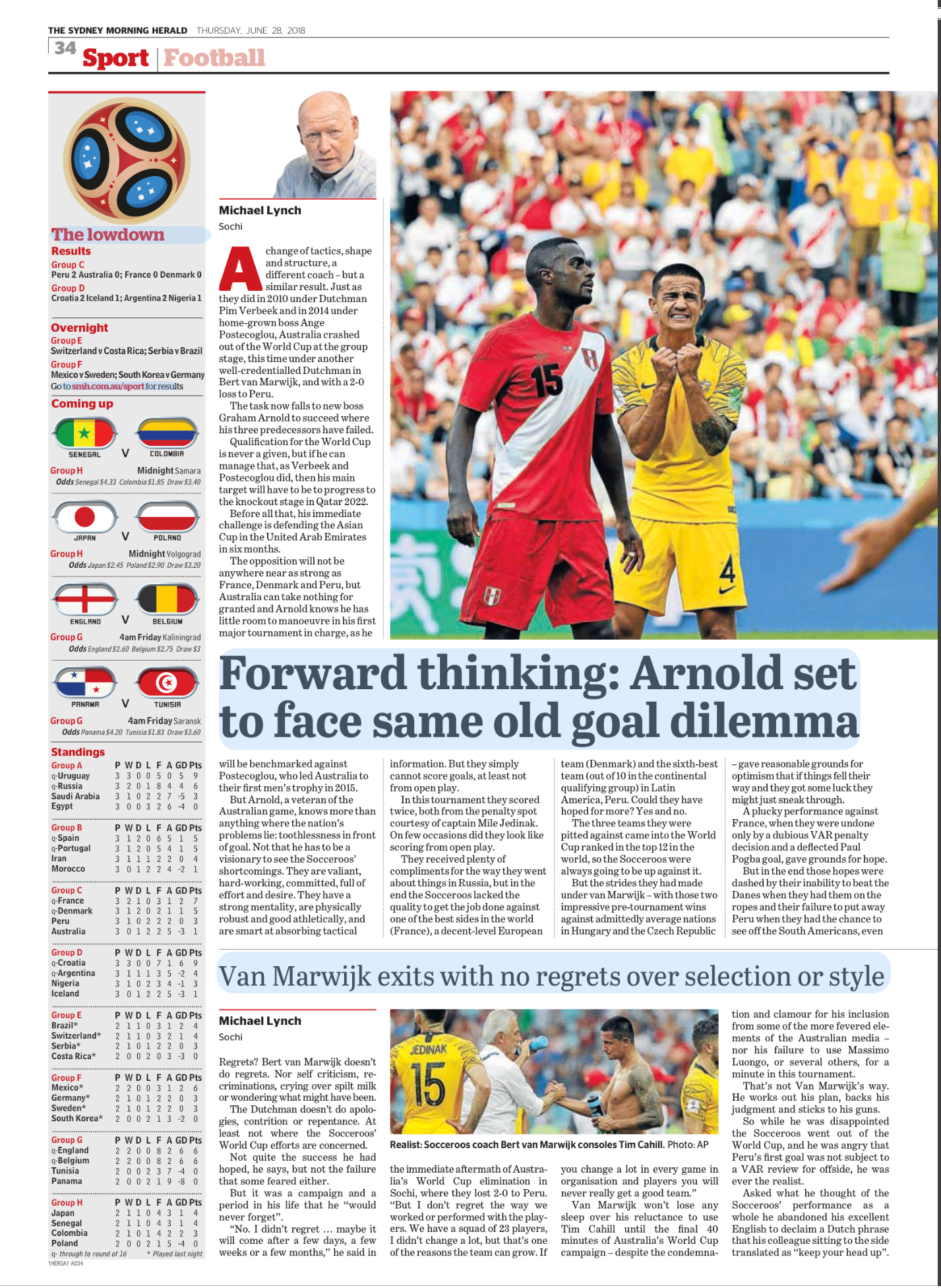 A newspaper page from The Sydney Morning Herald, June 28, 2018, featuring sports news about the FIFA World Cup, with a main photo of two soccer players on the field, one in a red uniform and the other in yellow, at a crowded stadium.