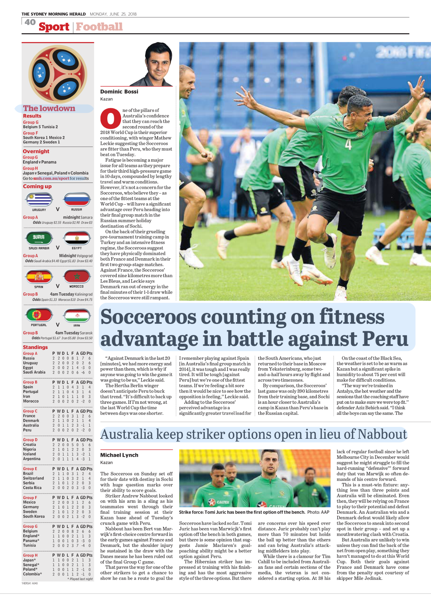 Page from The Sydney Morning Herald dated June 25, 2018, featuring sports coverage about football, with a photo of a soccer team training on the field and articles discussing the Australian soccer team and their strategies in the World Cup.