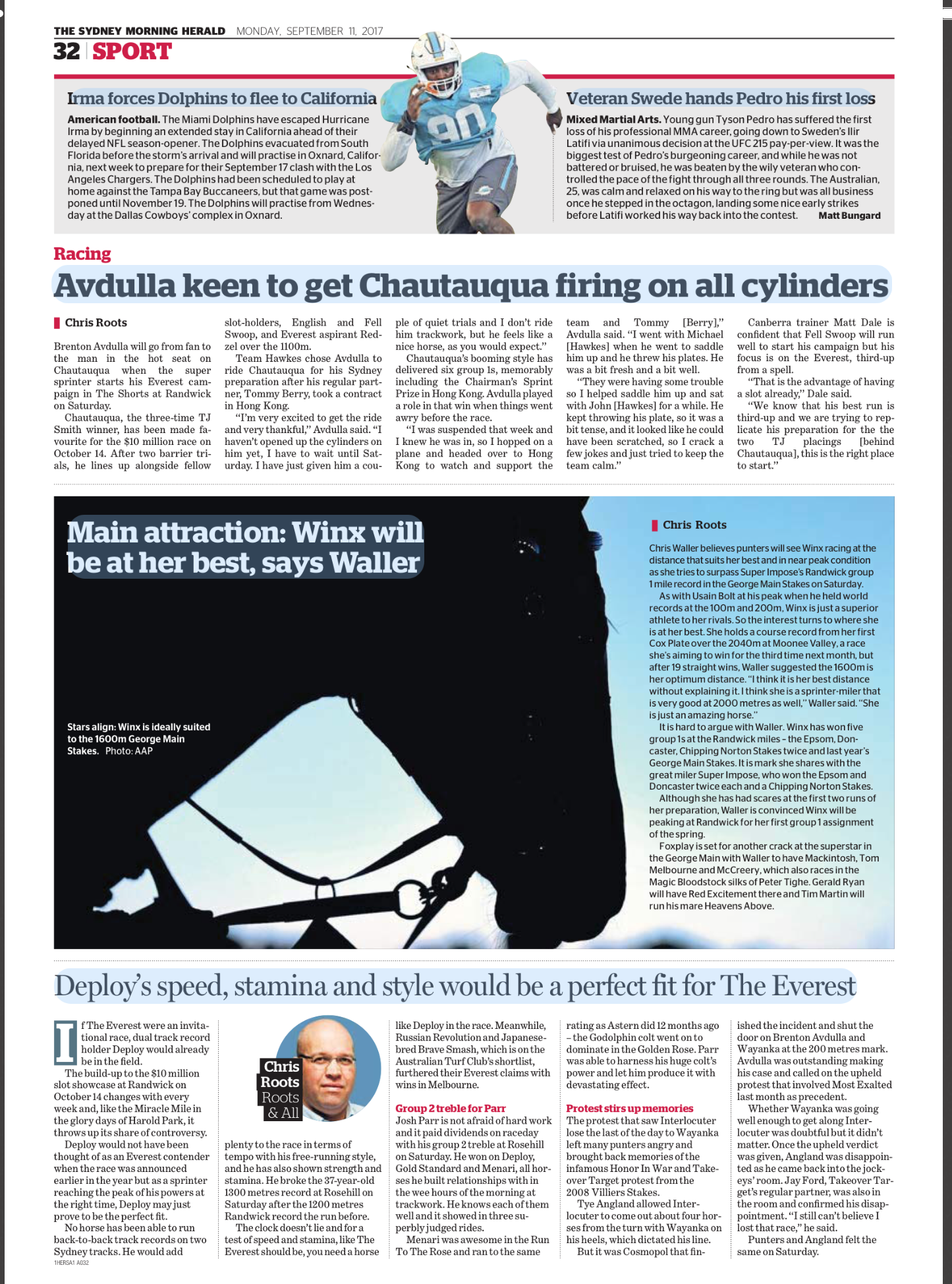 Front page of a sports section from a newspaper, featuring articles about NFL and college football, a picture of a football player in a blue uniform, and a silhouette of a cyclist with a headline about the Tour de France.