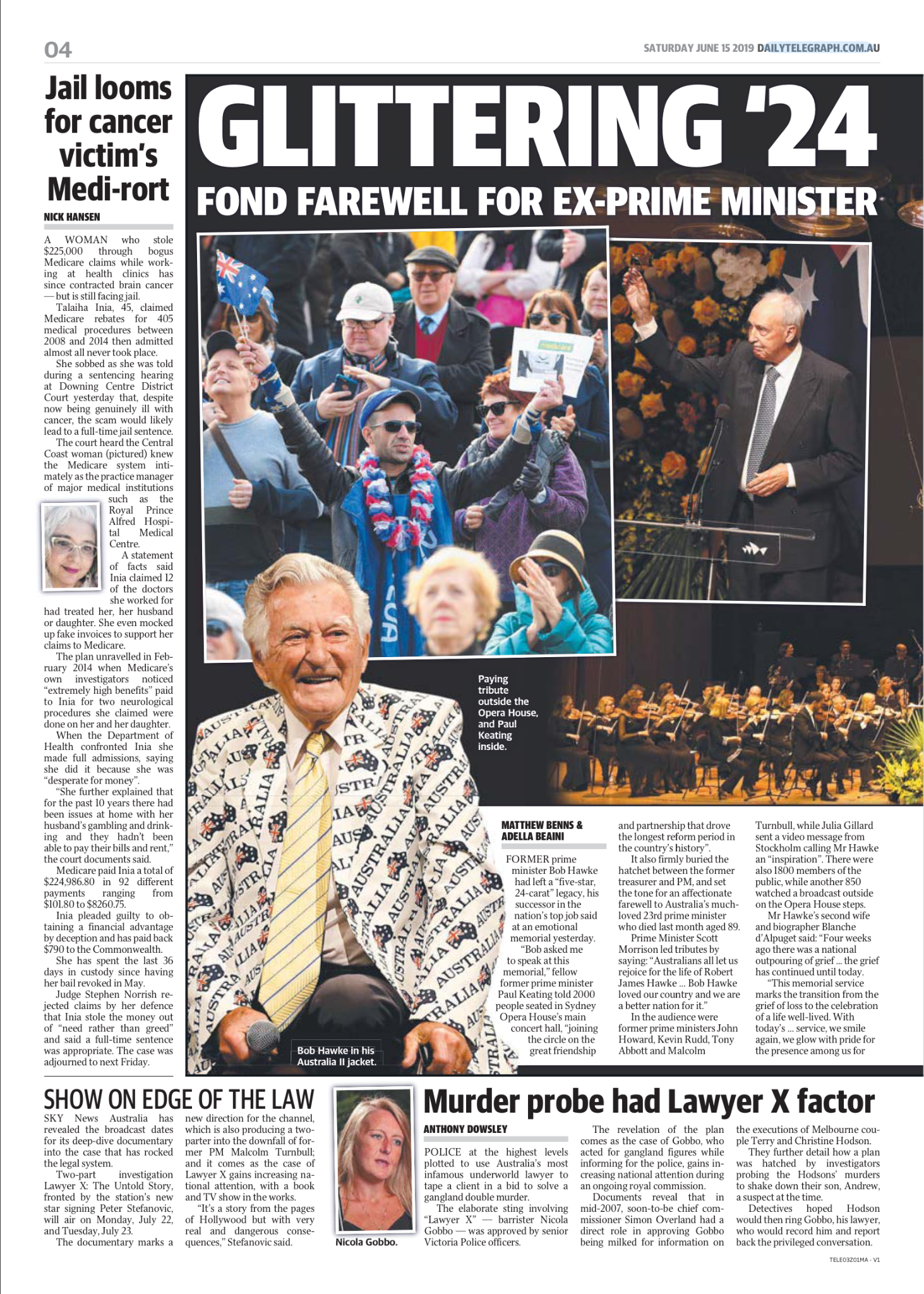 Newspaper page featuring images of people at a political event or rally, a speech being given, and an orchestra performing on stage, with various captions and articles surrounding the photos.