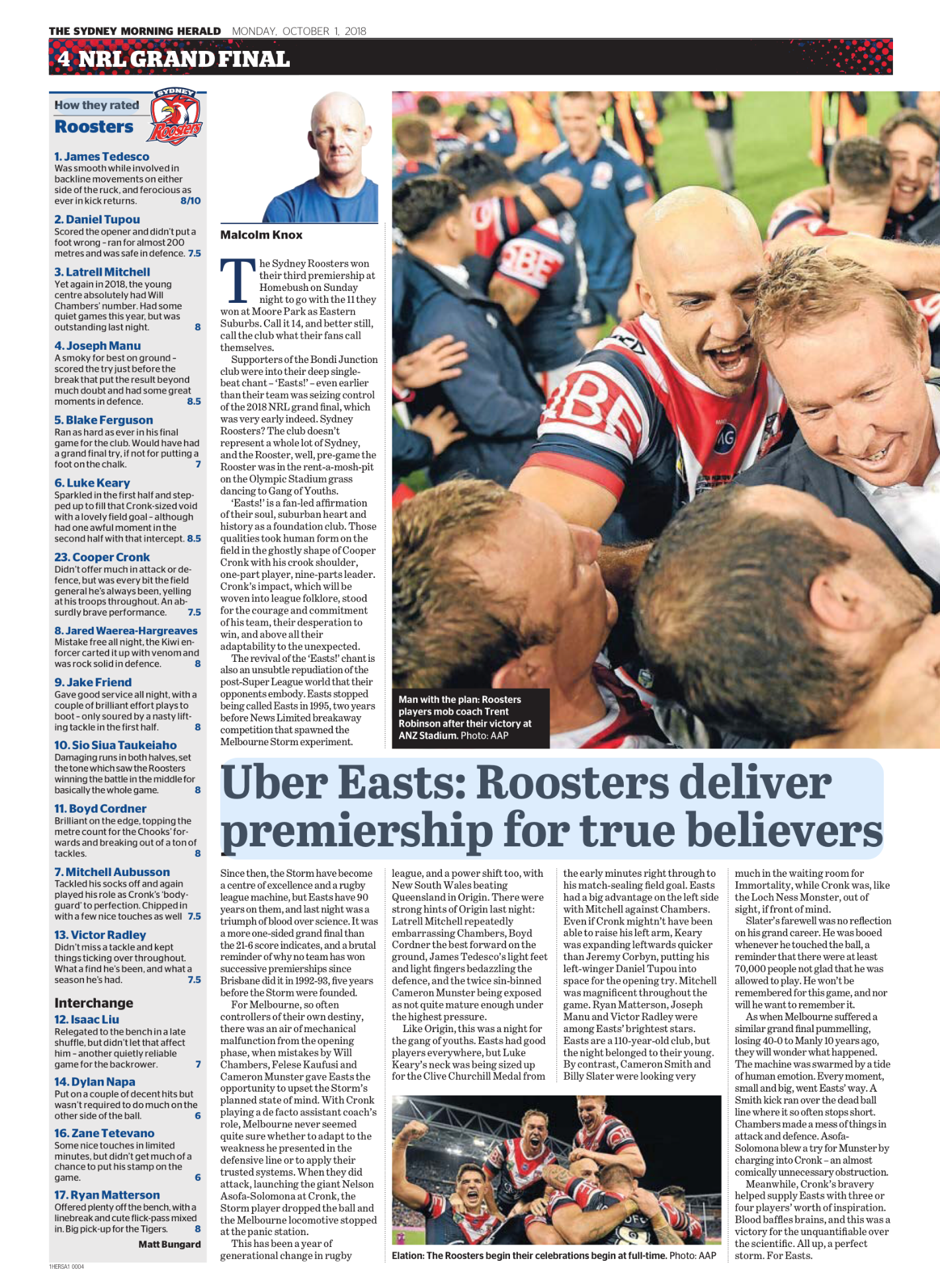 Sydney Roosters players celebrating after their victory at ANZ Stadium.