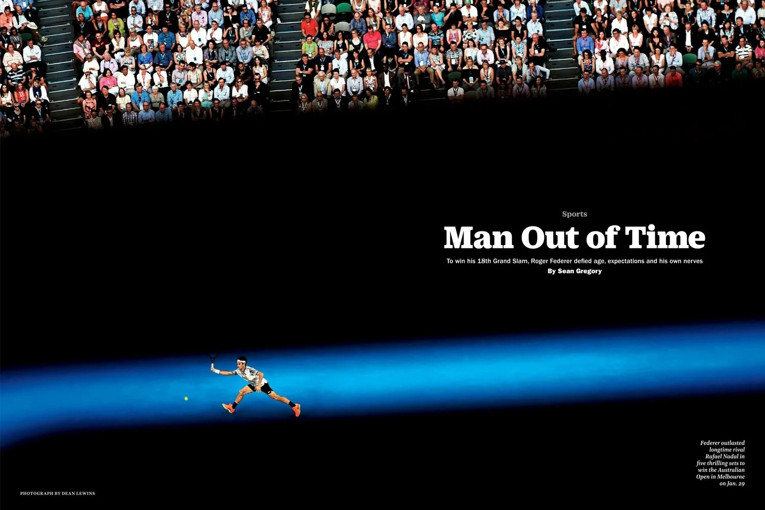A tennis player in action on a blue court, with an audience watching from stands. The image is part of a sports article titled "Man Out of Time" about Roger Federer.