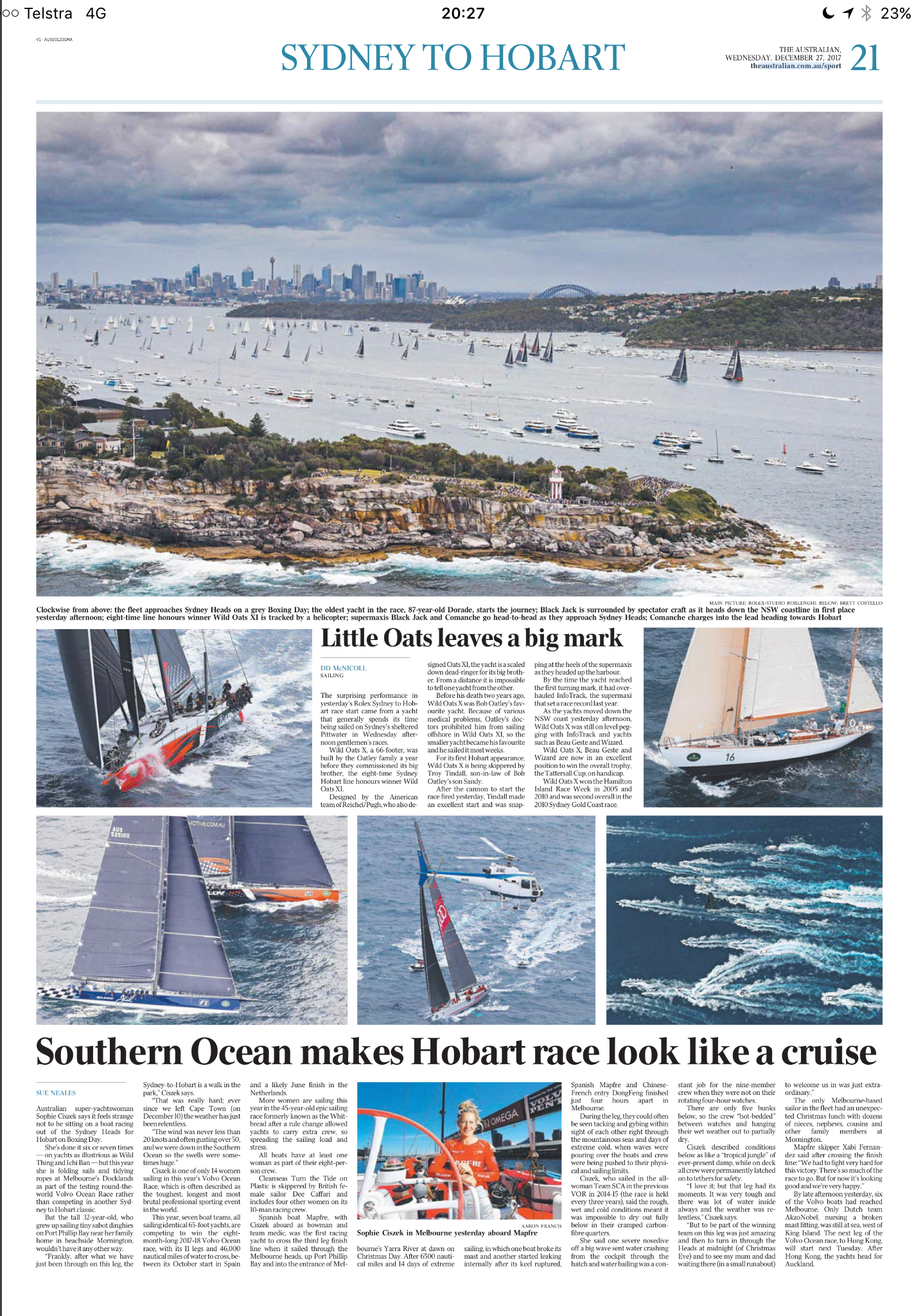 Newspaper page showing a large water scene with numerous sailboats and yachts, with a city skyline in the background, and articles about sailing races from Sydney to Hobart.