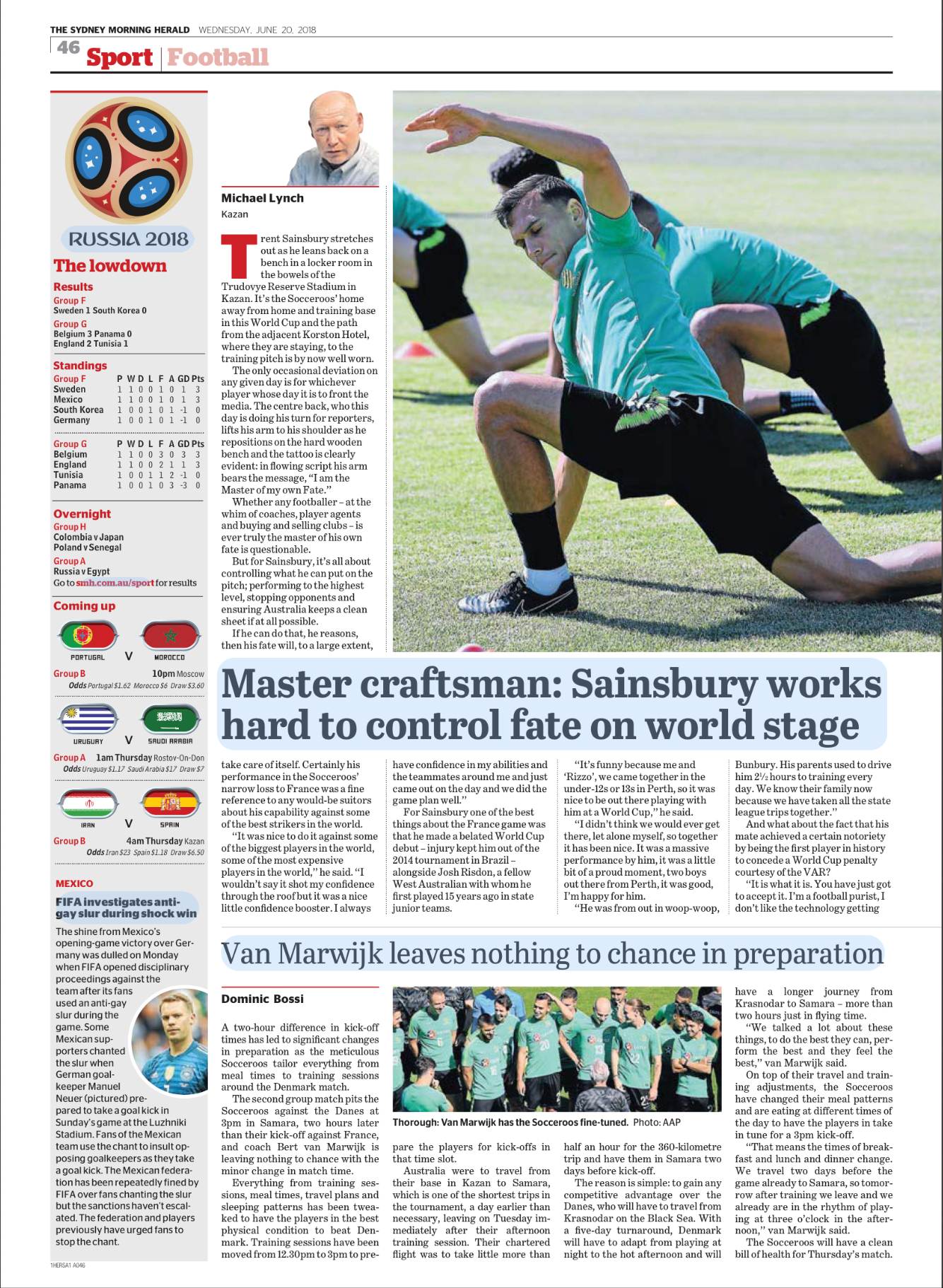 Newspaper sports page with article about Socceroos training, a photo of football players stretching, match results, and upcoming game schedules.