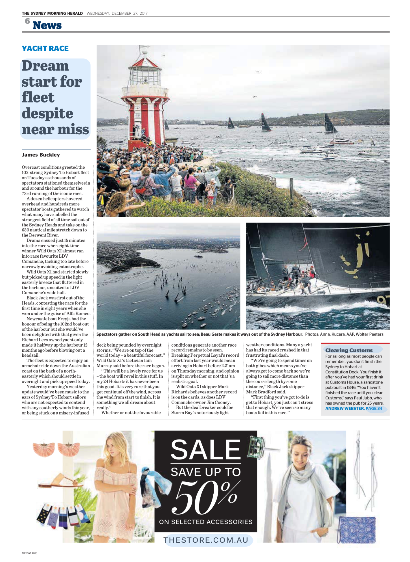 Photograph of a lighthouse by Sydney Harbour, crowded with spectators watching sailboats race nearby. Smaller inset photo shows spectators on South Head and yachts sailing out to sea.
