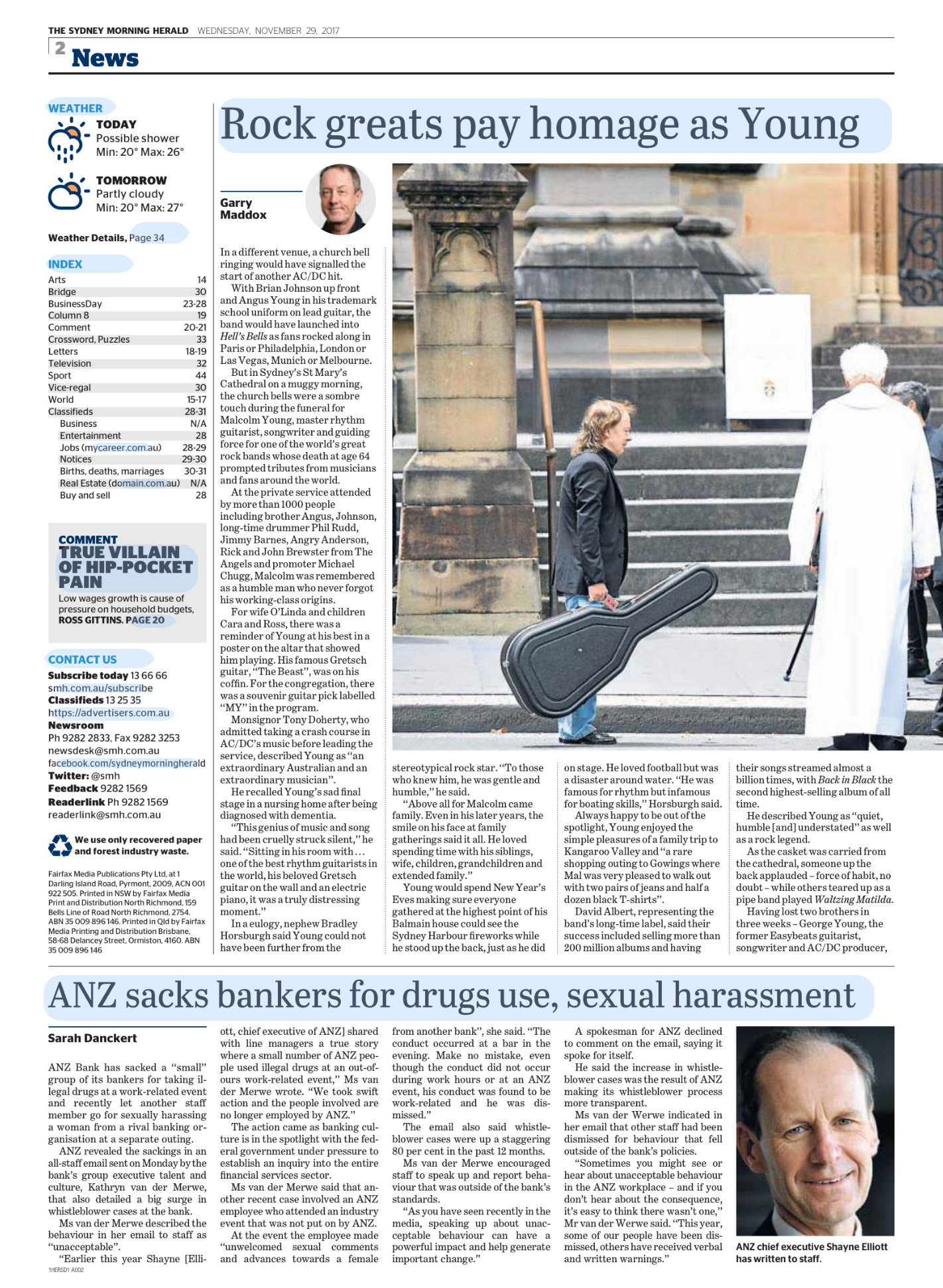 Newspaper page from The Sydney Morning Herald, dated Wednesday, November 29, 2017. The main headline reads 'Rock greats pay homage as Young' with a photo of a man in a dark suit and an elderly man in a white coat standing on stairs. Below, there is a