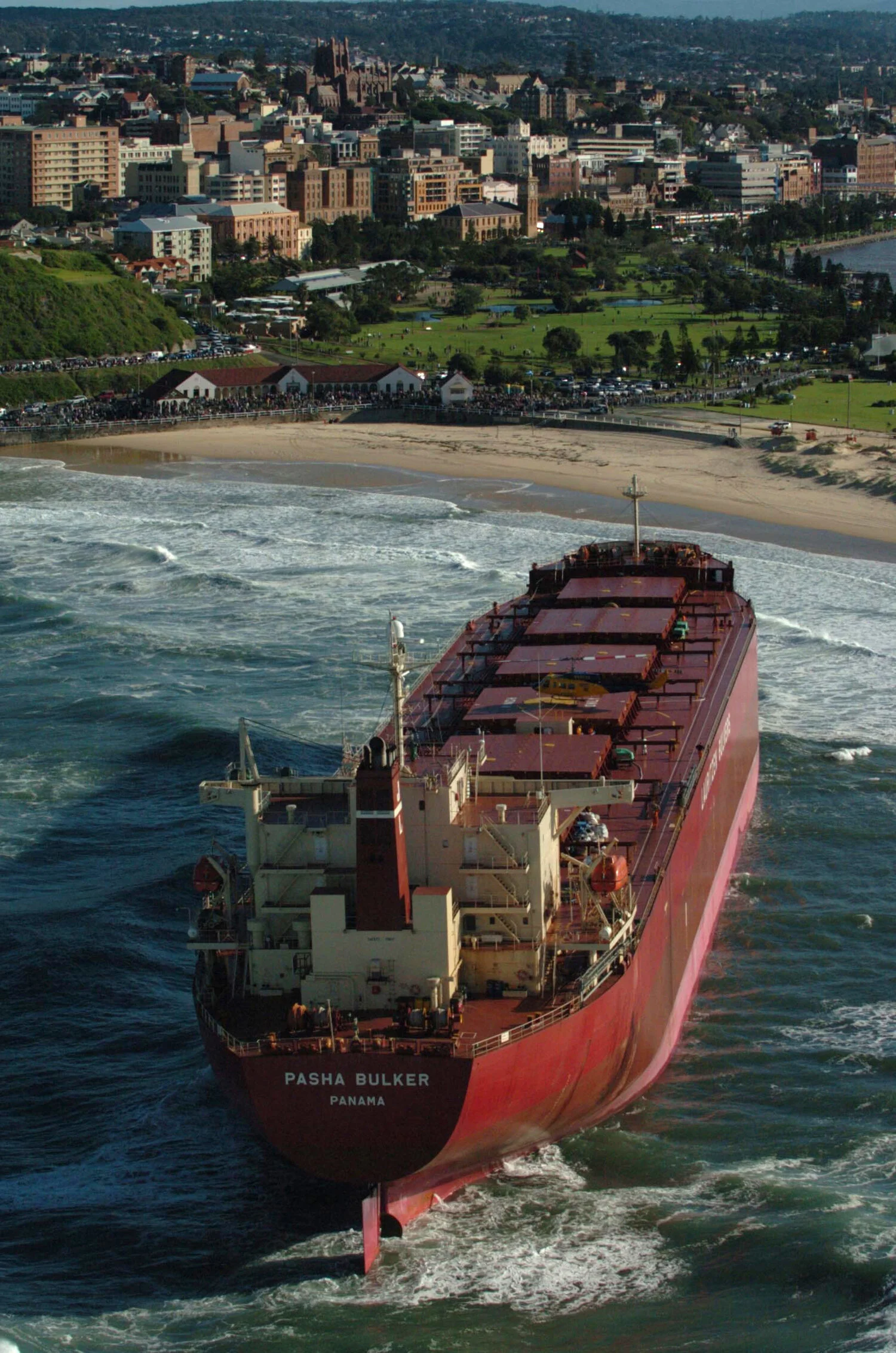 The Pasha Bulker sits off Nobby's Beach, Newcastle, Monday, June 11, 2007. The Pasha Bulker ran aground on Friday after a massive storm lashed the coast causing major flooding on the Central Coast, Hunter Valley and Newcastle regions.