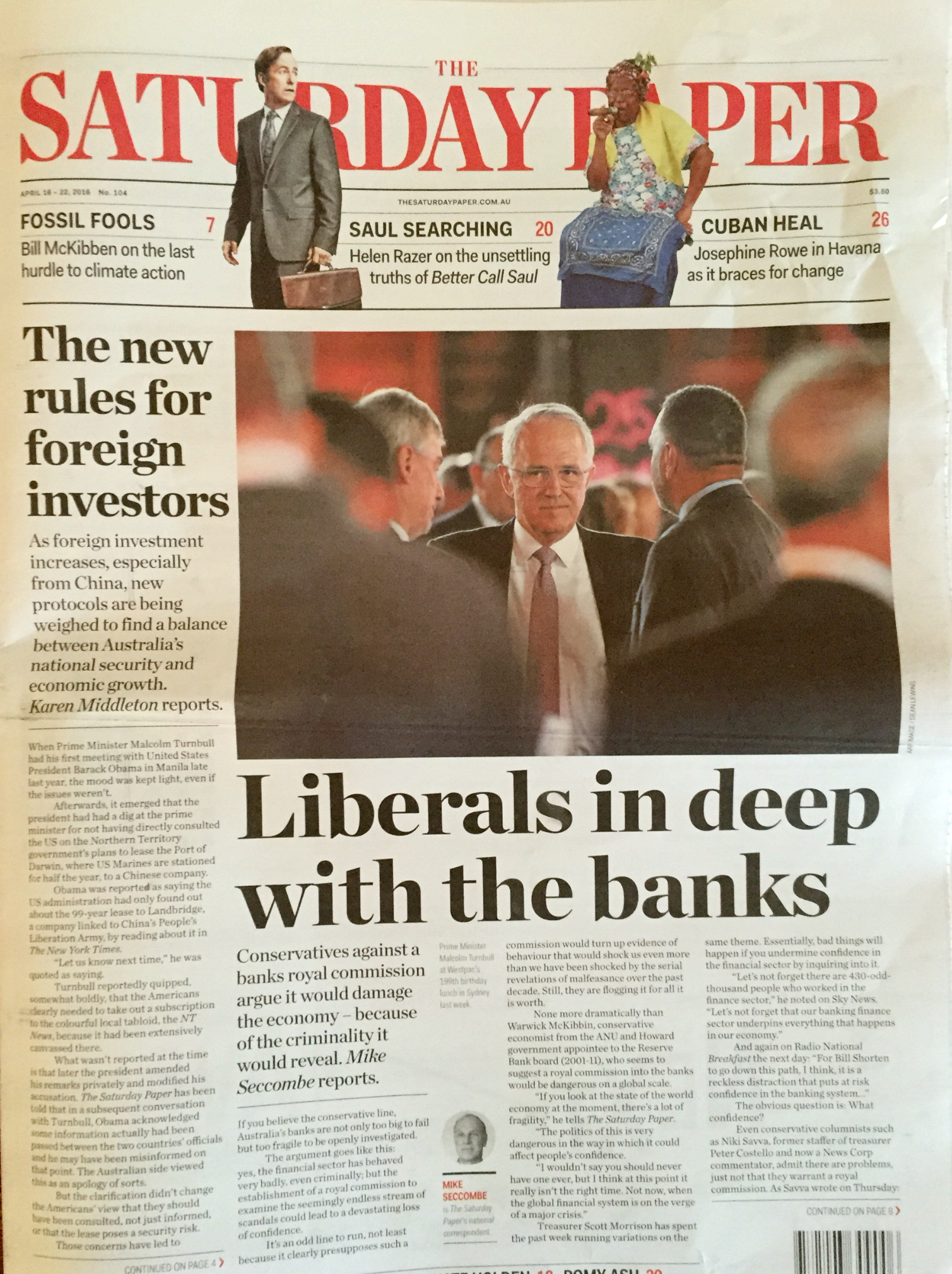 Front page of The Saturday Paper with a news story about foreign investors featuring a photo of Prime Minister Malcolm Turnbull in conversation with two other men at a formal event.