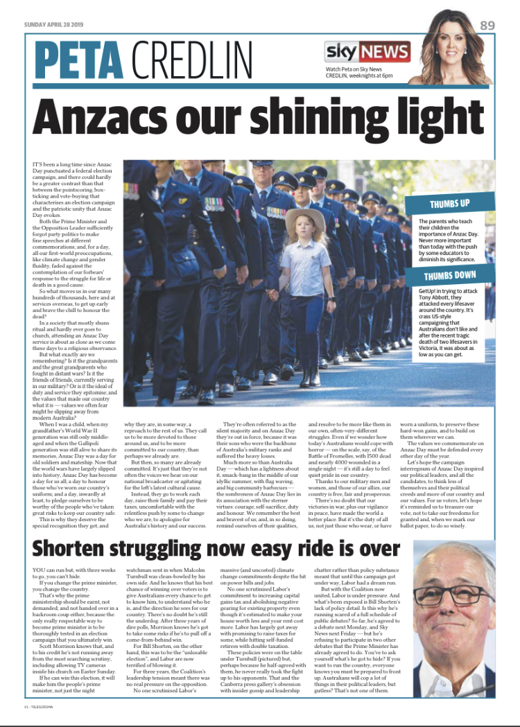 Newspaper page showing a photo of members of the Australian Defence Force marching during ANZAC Day, led by a girl in civilian clothes. The article discusses the significance of ANZAC Day and the efforts of the Australian Defence Force.