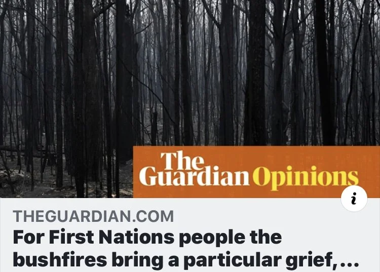 Magazine cover with a dark, leafless forest background and the headline about First Nations people and bushfires