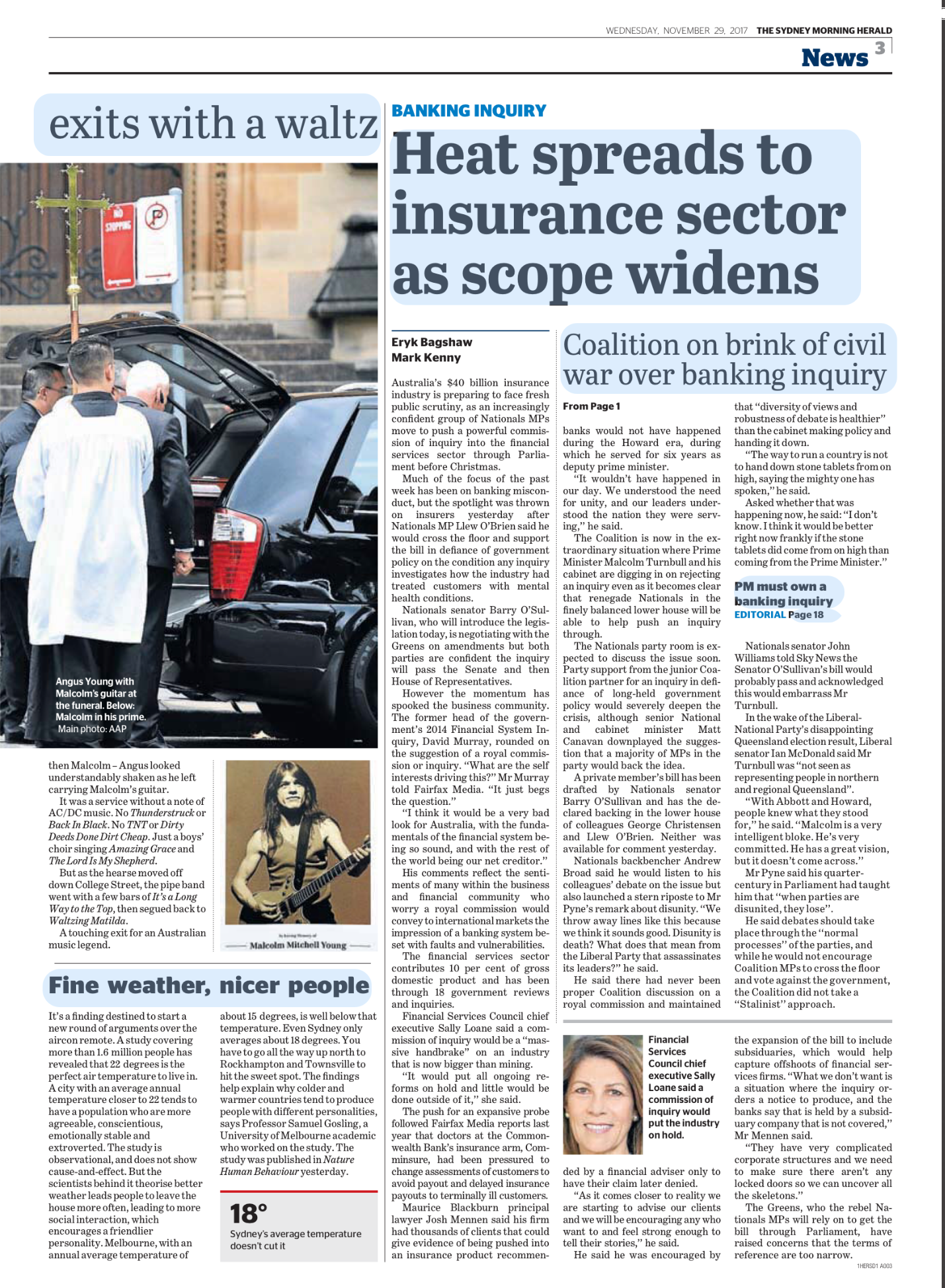 A newspaper article with the headline "Heat spreads to insurance sector as scope widens." The article discusses Australia's insurance industry and the impact of recent banking scandals, with a photo of men in suits and a priest at a funeral.