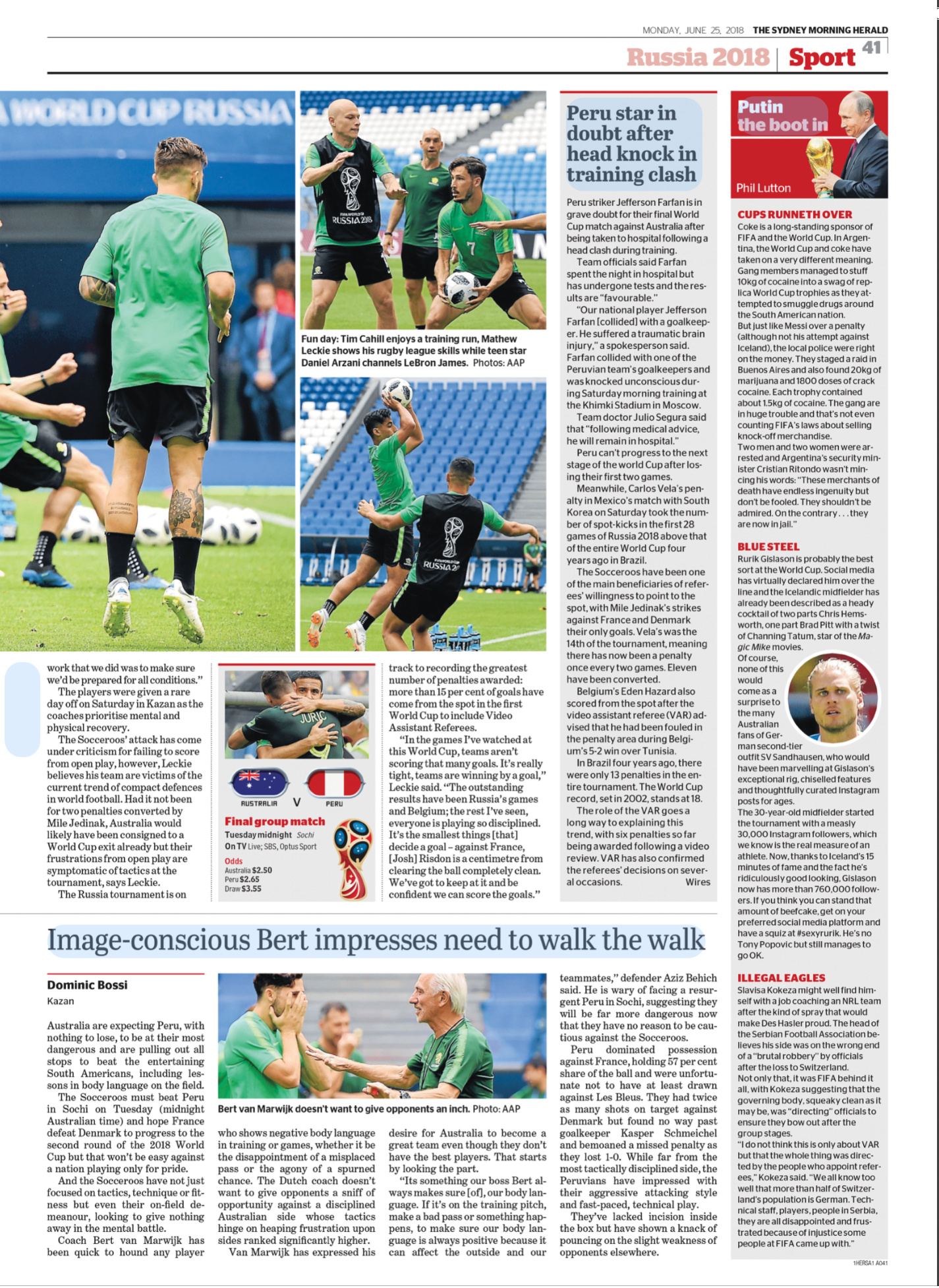 Newspaper page covering sports news about Russia 2018, featuring images of soccer players training, a match preview, and an article about soccer referee Bert van Marwijk.