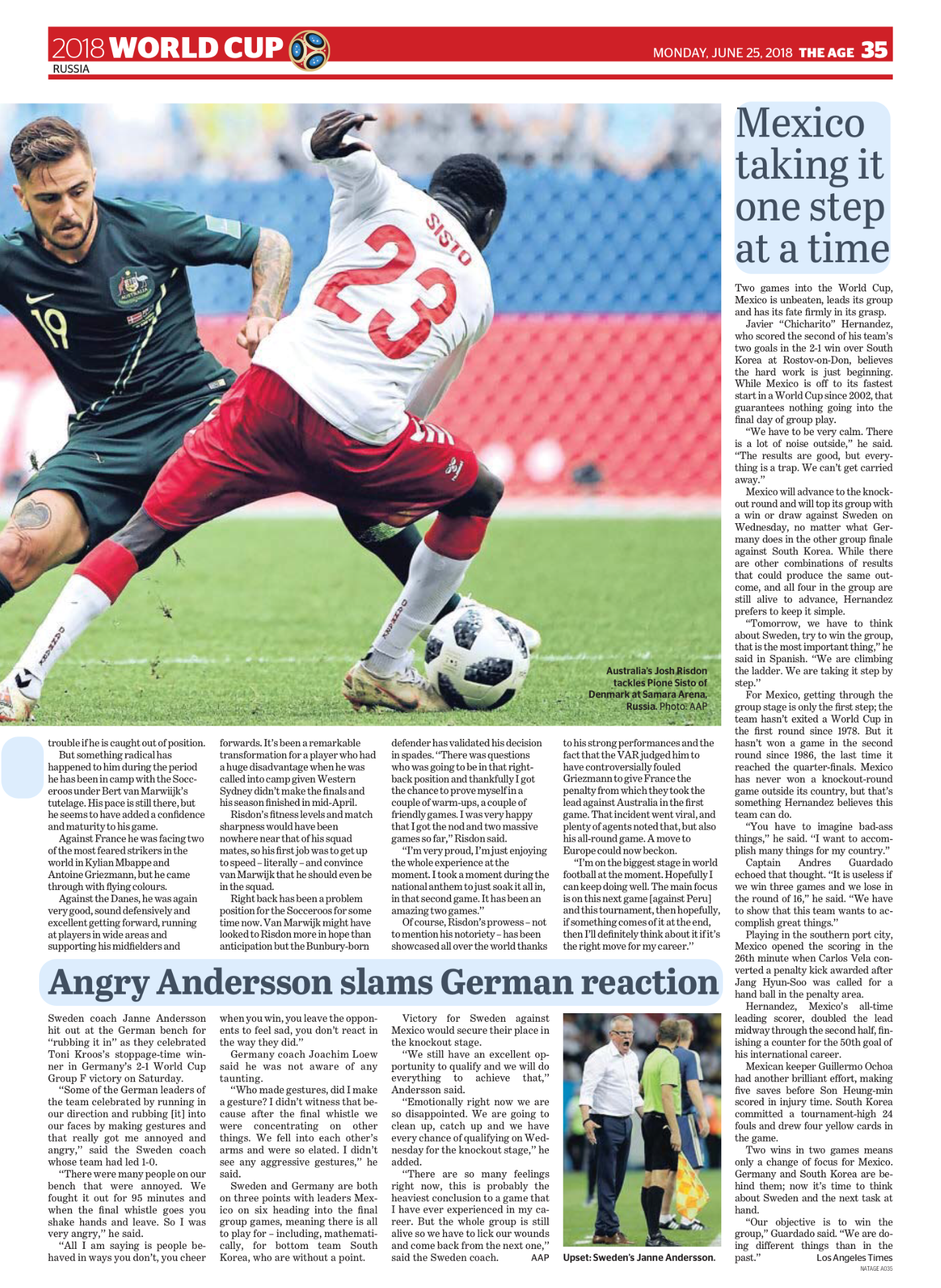 A soccer match during the 2018 World Cup between Mexico and South Korea. A Mexican player, wearing a white jersey with the number 23, is kicking a soccer ball while a South Korean defender in a dark green jersey tries to block him. The background sho