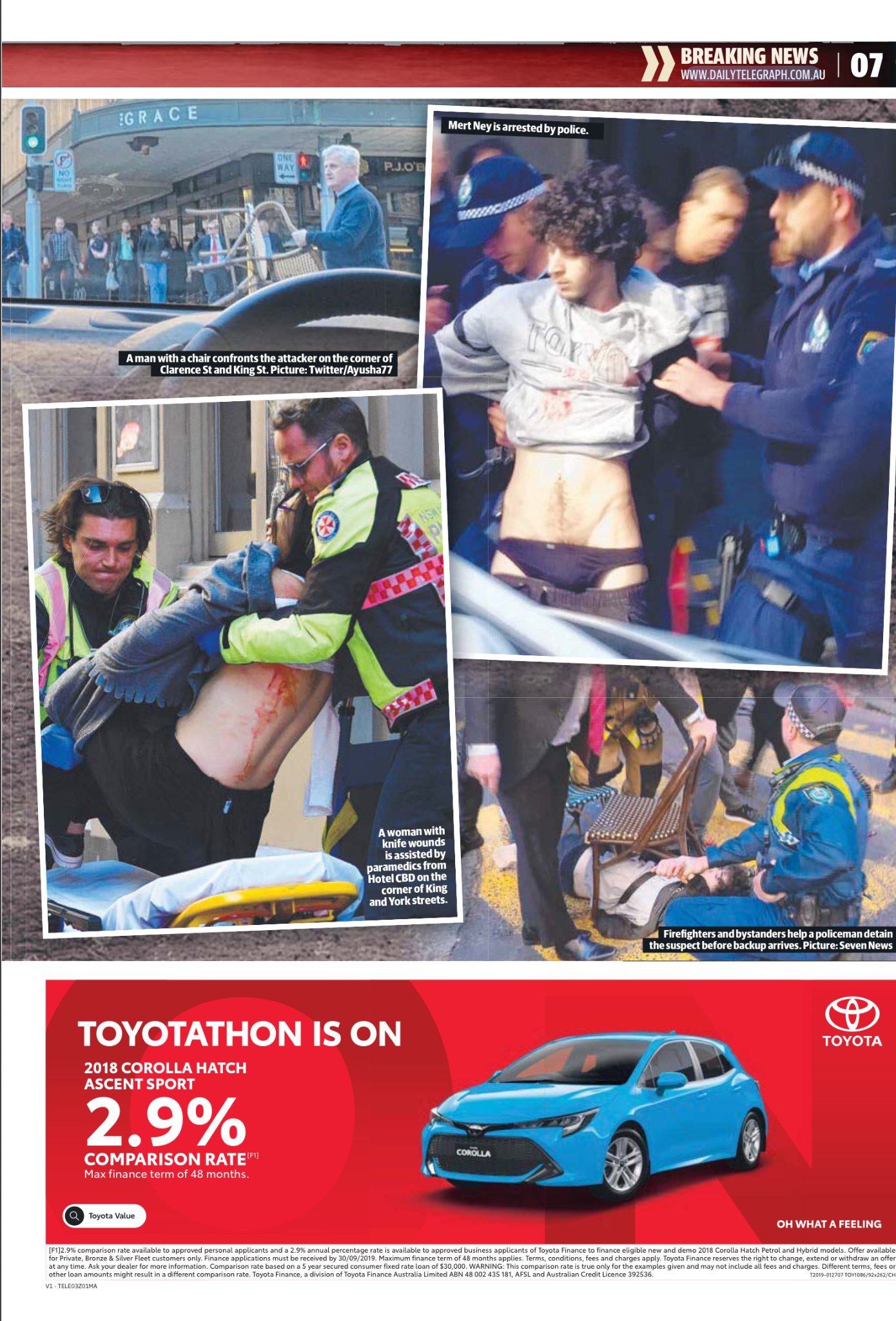 Collage of images showing emergency responders arresting a suspect, treating injuries, and helping during a chaotic scene in a city street.