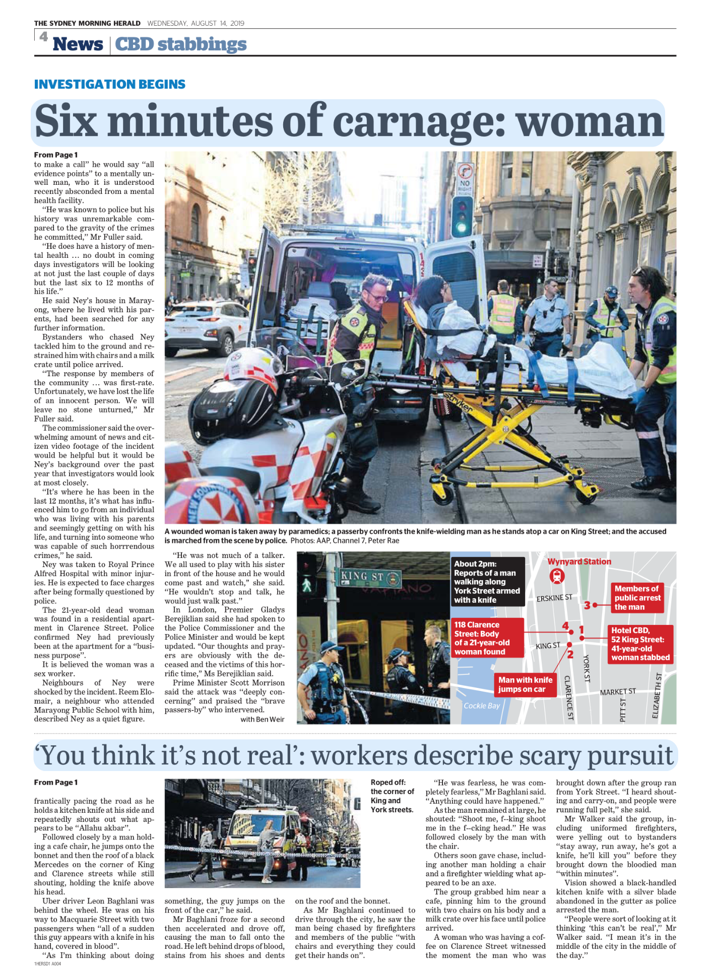 Front page of a Sydney Morning Herald newspaper featuring a large headline about a woman’s six minutes of carnage, with a photo showing paramedics attending to a wounded woman lying on a stretcher surrounded by police and emergency responders on a ci